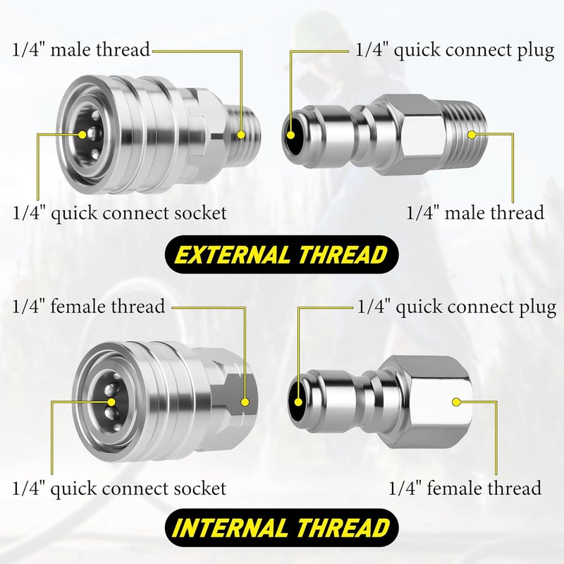Qoroos 2 Sets NPT 1/4 Inch Quick Connect Pressure Washer Fittings Stainless Steel Quick Connect Kit Male and Female Pressure Washer Adapter Set (Internal Thread, External Thread) - Image 4